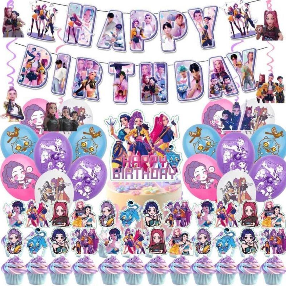 48Pcs Demon Movie Hunters Birthday Party Supplies Banner Balloons Cake Toppers